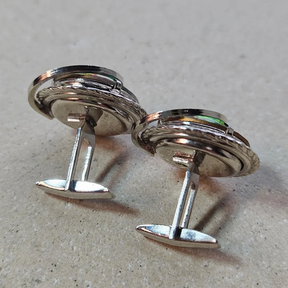 Iridescent Green Watermelon Rivoli Glass Spiral‎ Silver Tone Cufflinks